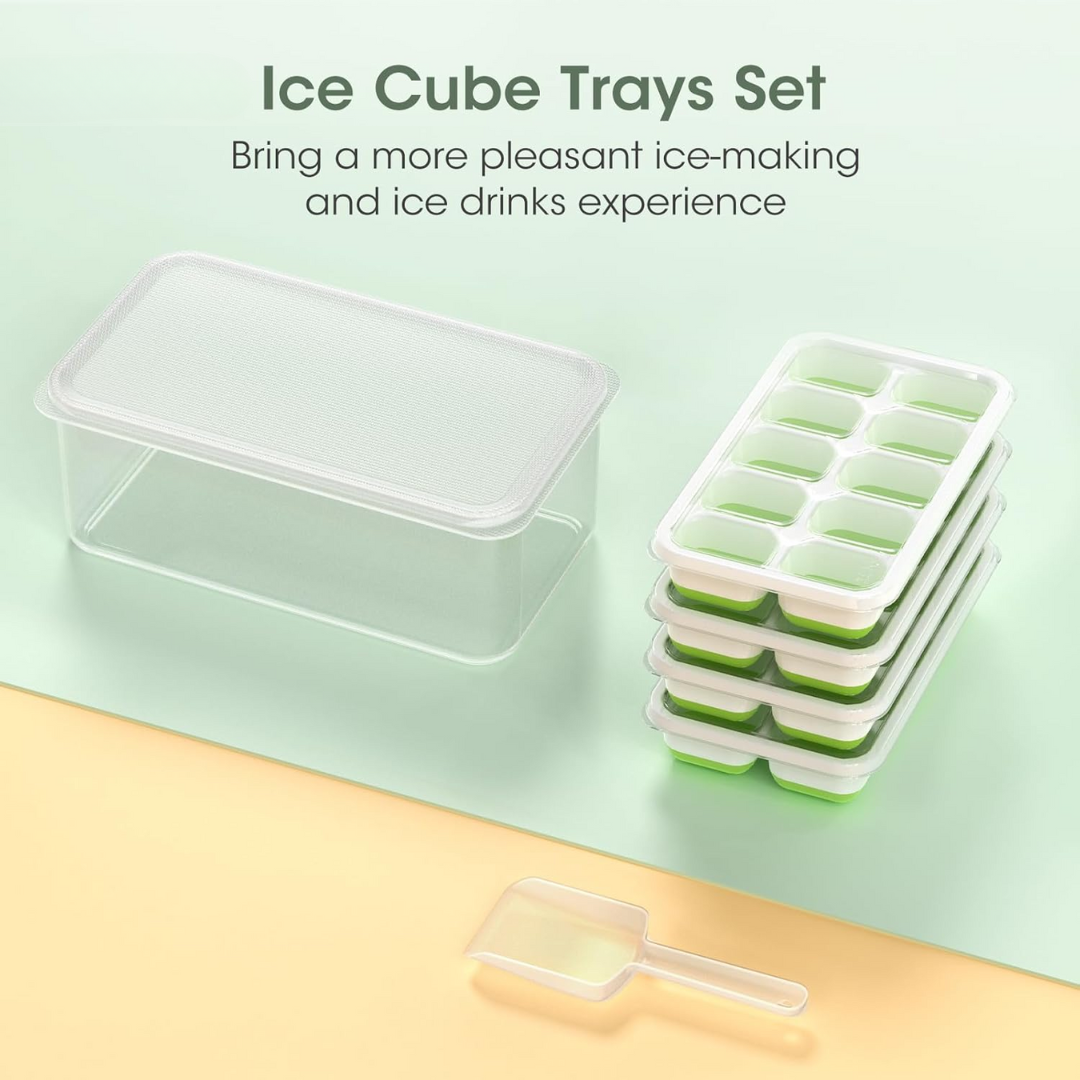 Compact silicone ice molds with stackable design & container. Great for cocktails & kitchen use.