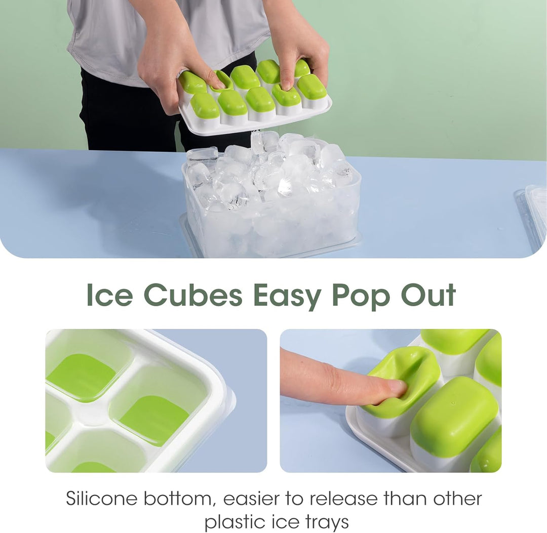 Home kitchen stackable silicone ice cube maker set. Includes multiple trays and a freezer storage bin.