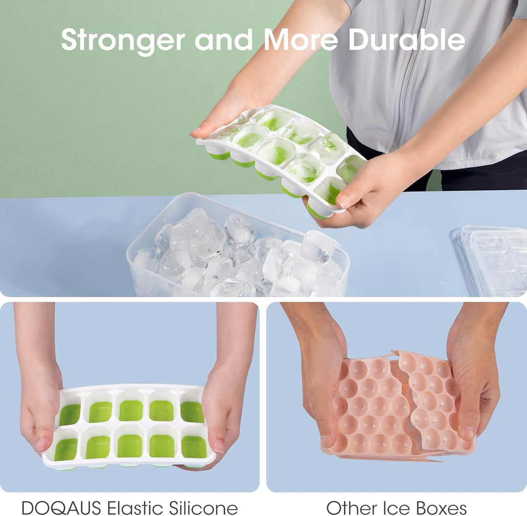 Stylish grey stackable silicone ice cube trays with a clear storage bin. Modern drink accessories.
