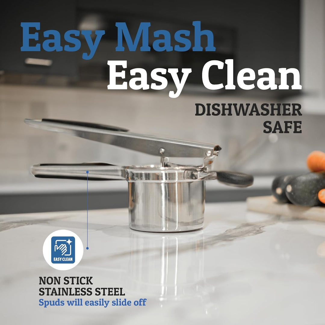 Premium stainless steel potato masher for effortless mashing. An essential heavy-duty kitchen tool.