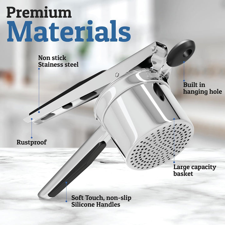 Modern stainless steel vegetable masher, great for potatoes, yams, and all your mashing needs.