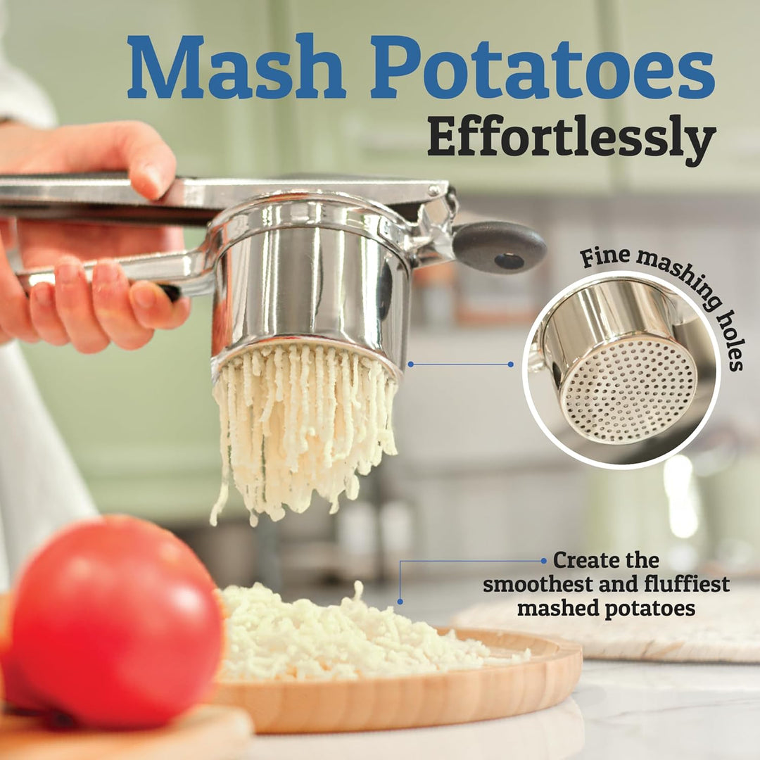 Close-up of stainless steel potato masher, showcasing its heavy-duty design for efficient food prep.