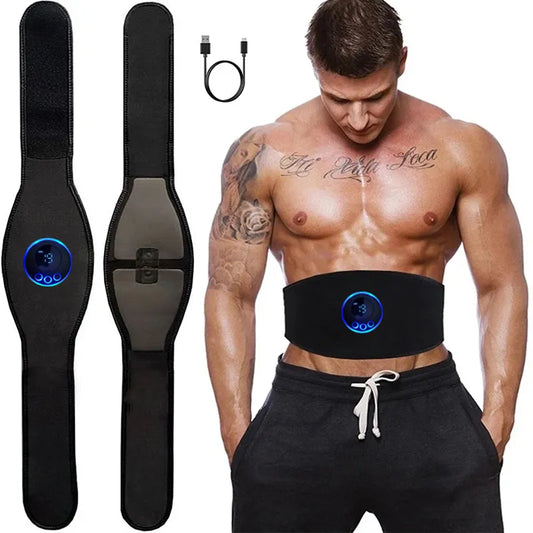 "Stimolatore muscolare EMS, fascia nera con schermo e pulsanti, intensità regolabile, per addominali e fitness"