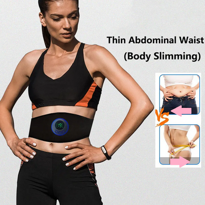 "Stimolatore muscolare EMS, fascia nera con schermo e pulsanti, intensità regolabile, per addominali e fitness"