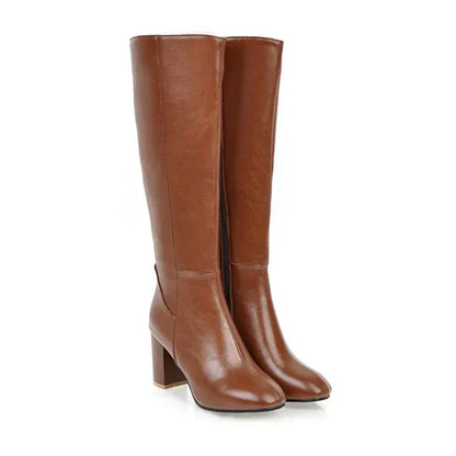 "Stivali al ginocchio da donna con tacco robusto, ecopelle elegante, chiusura zip laterale, perfetti per ogni occasione."