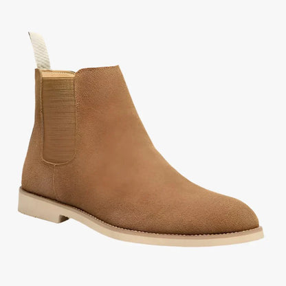 "Stivali Chelsea uomo eleganti in pelle e suede beige, design senza tempo adatto per ogni occasione."