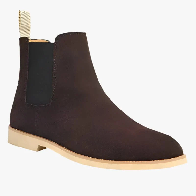 "Stivali Chelsea uomo eleganti in pelle e suede beige, design senza tempo adatto per ogni occasione."