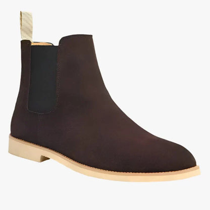 "Stivali Chelsea uomo eleganti in pelle e suede beige, design senza tempo adatto per ogni occasione."