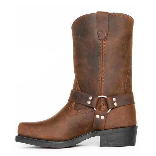 Stivali cowboy uomo impermeabili in similpelle marrone, design classico, suola antiscivolo, ideale per ogni meteo.