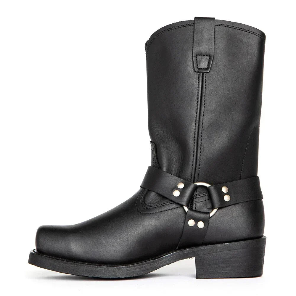 Stivali cowboy uomo impermeabili in similpelle marrone, design classico, suola antiscivolo, ideale per ogni meteo.