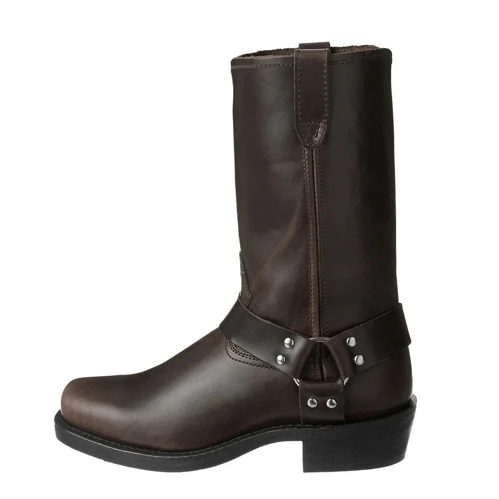 Stivali cowboy uomo impermeabili in similpelle marrone, design classico, suola antiscivolo, ideale per ogni meteo.