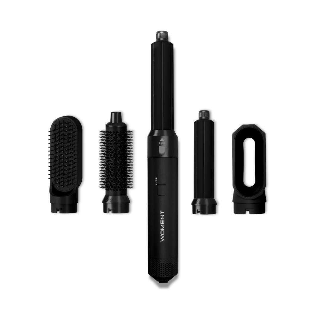 "Styler All-in-One Professionale, accessorio donna bianco e nero, design multifunzionale per acconciature versatili."