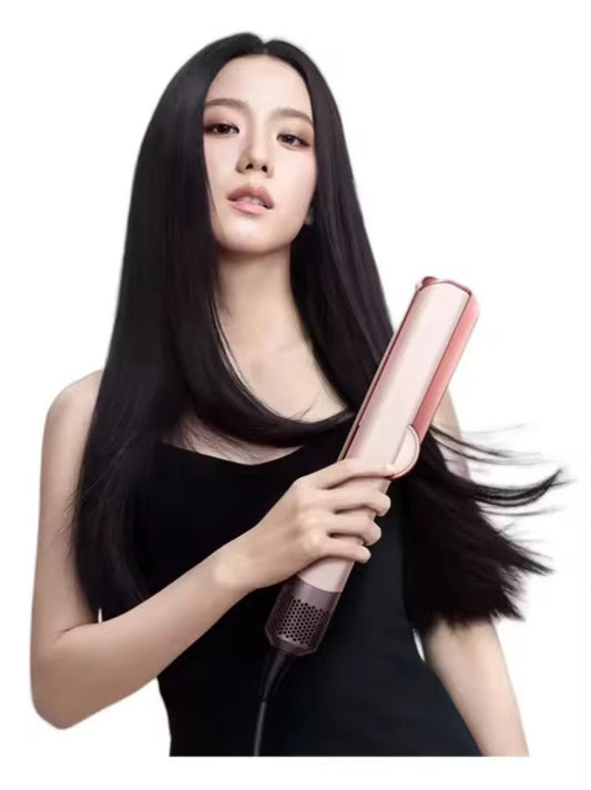 "Styler multifunzione capelli lisci, asciugacapelli e piastra integrati, design leggero, colore nero e finitura lucida."