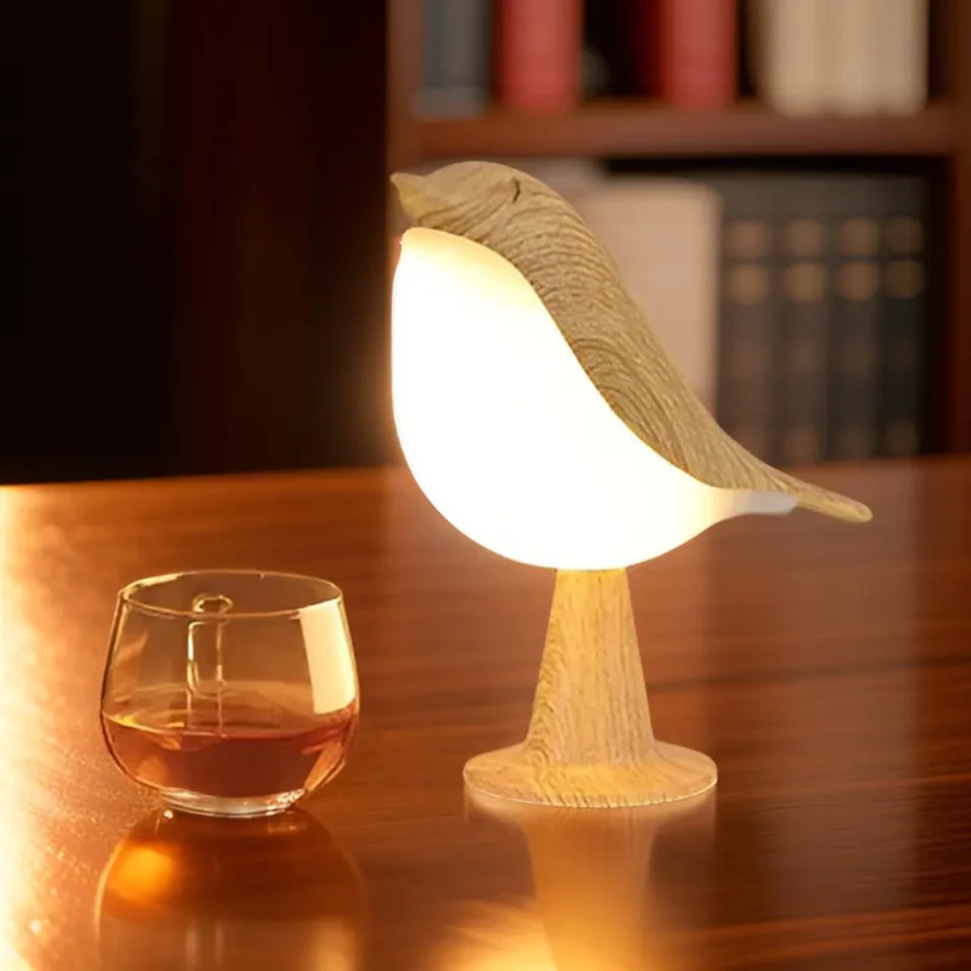 FeatherGlow LED bird lamp, decorative and rechargeable, offering mood lighting & aromatherapy.