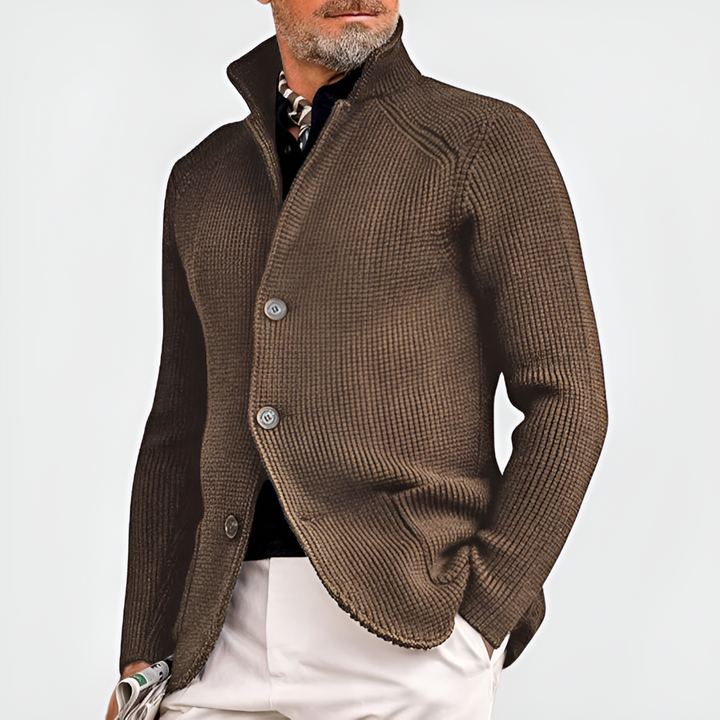 Comfortable men's long-sleeve knit cardigan with a blazer-style collar and front buttons, ideal outerwear.