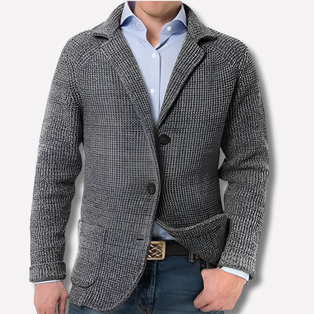 Versatile men's button-front knit cardigan blazer, designed for smart casual layering in menswear outfits.