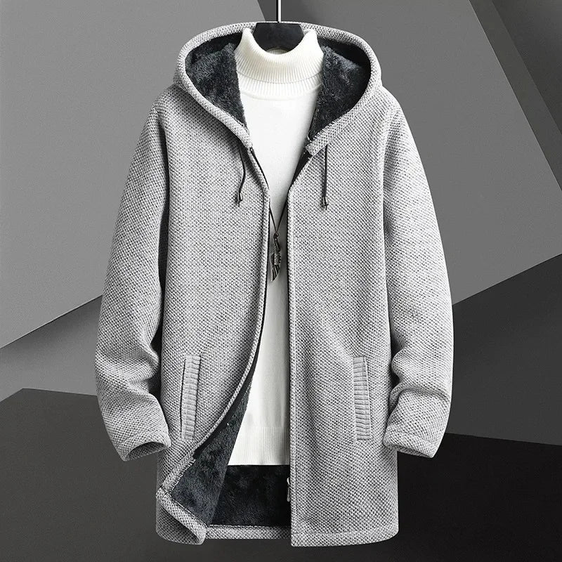 Stylish men's hooded overcoat, perfect modern outerwear for comfort & warmth in winter & fall.