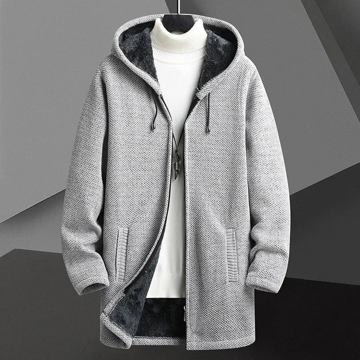 Stylish men's hooded overcoat, perfect modern outerwear for comfort & warmth in winter & fall.