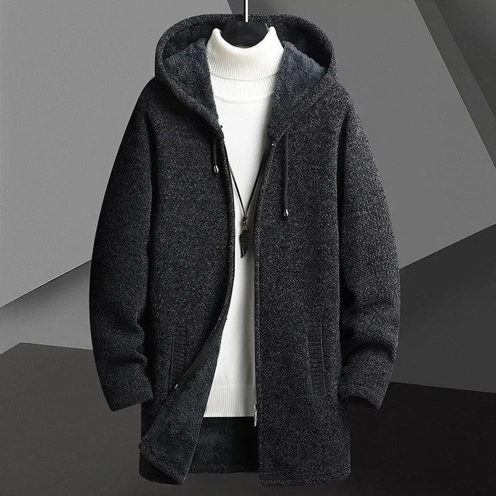 Warm men's hooded overcoat with a sleek, modern design, ideal for winter outerwear.