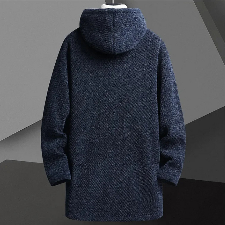 Men's hooded overcoat, a stylish & warm jacket for modern casual winter comfort.