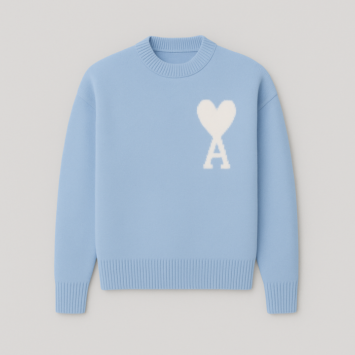 Versatile men's oversized crew neck sweater featuring a subtle heart motif, suitable for stylish casual outfits.