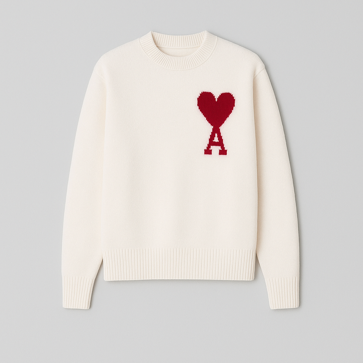 Close-up of the unique heart motif on a stylish men's oversized crew neck sweater, highlighting knit detail.