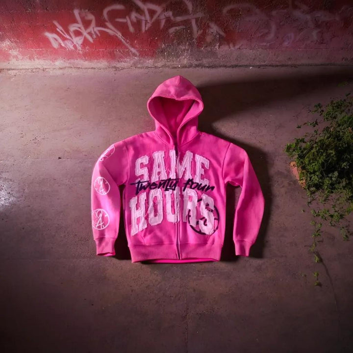 Fashionable unisex streetwear hoodie with a zip-up design, offering cozy comfort and a versatile look.