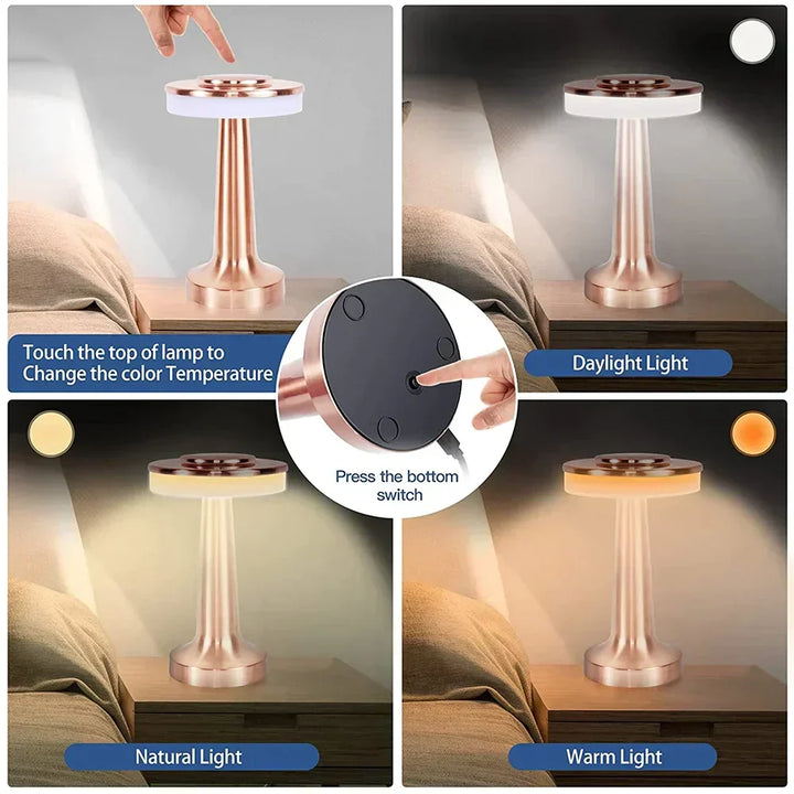 Modern wireless table lamp with LED, touch control & dimmable features. A stylish portable home lighting solution.