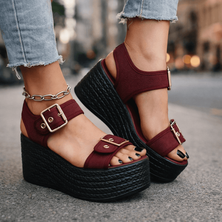 Women's chic buckle wedge sandals featuring comfortable open-toe design & supportive platform.