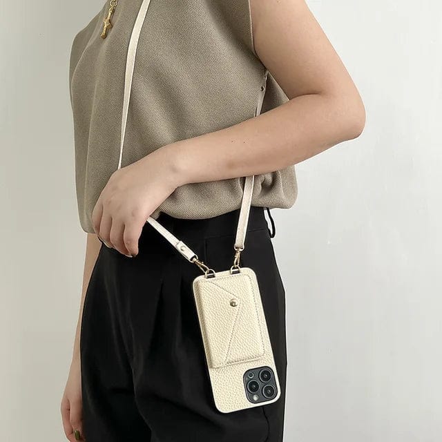 Compact women's phone pouch with strap, doubles as a wallet. Ideal for carrying iPhone and cards.