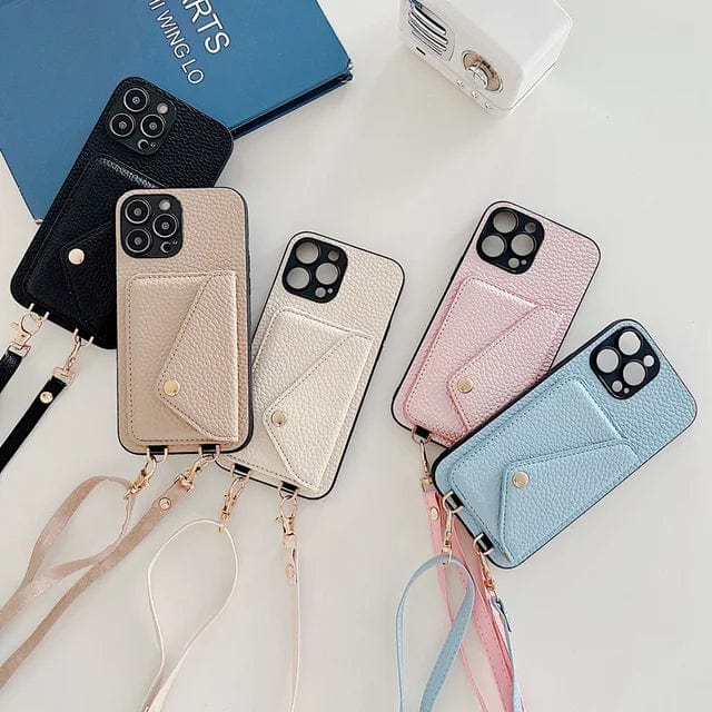 Woman's stylish phone bag with wallet & card holder, designed for iPhone. Convenient crossbody carry.