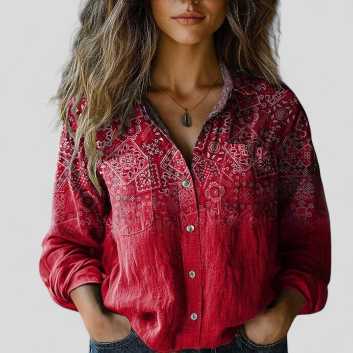 Chic women's gradient button-up blouse, versatile long sleeve top for casual wear & everyday fashion.