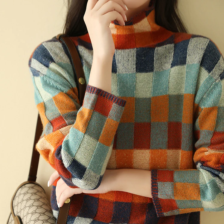Cozy women's patchwork turtleneck top, blending unique style with supreme comfort for winter.