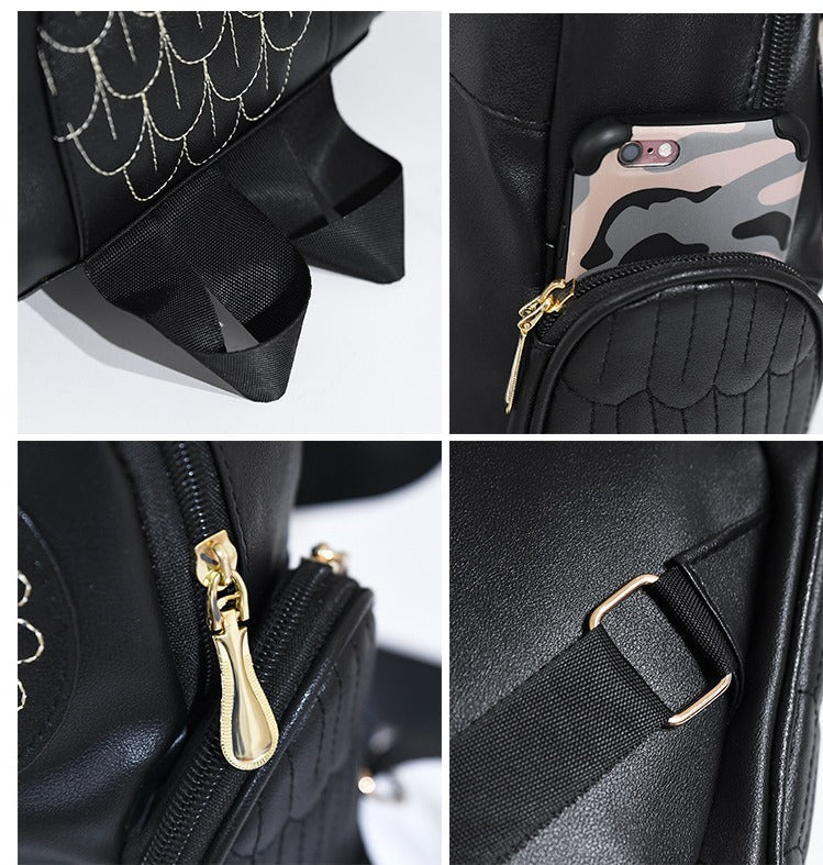 Front view of a women's PU leather backpack with a whimsical owl print and practical multi-pocket storage.