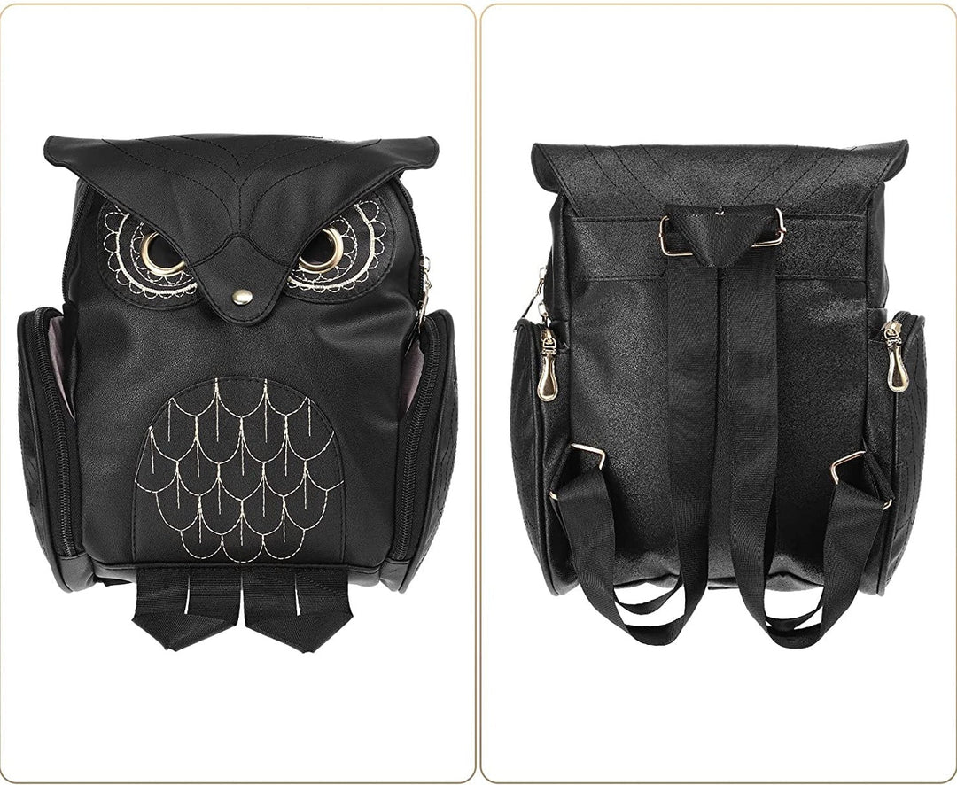 Close-up of the unique owl print on a multi-pocket women's PU leather fashion backpack.