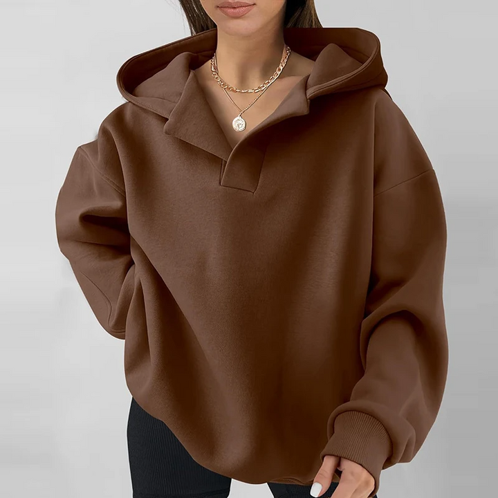 Cozy women's Sienna oversized V-neck hoodie, perfect for fall fashion, winter wear, and casual comfort.