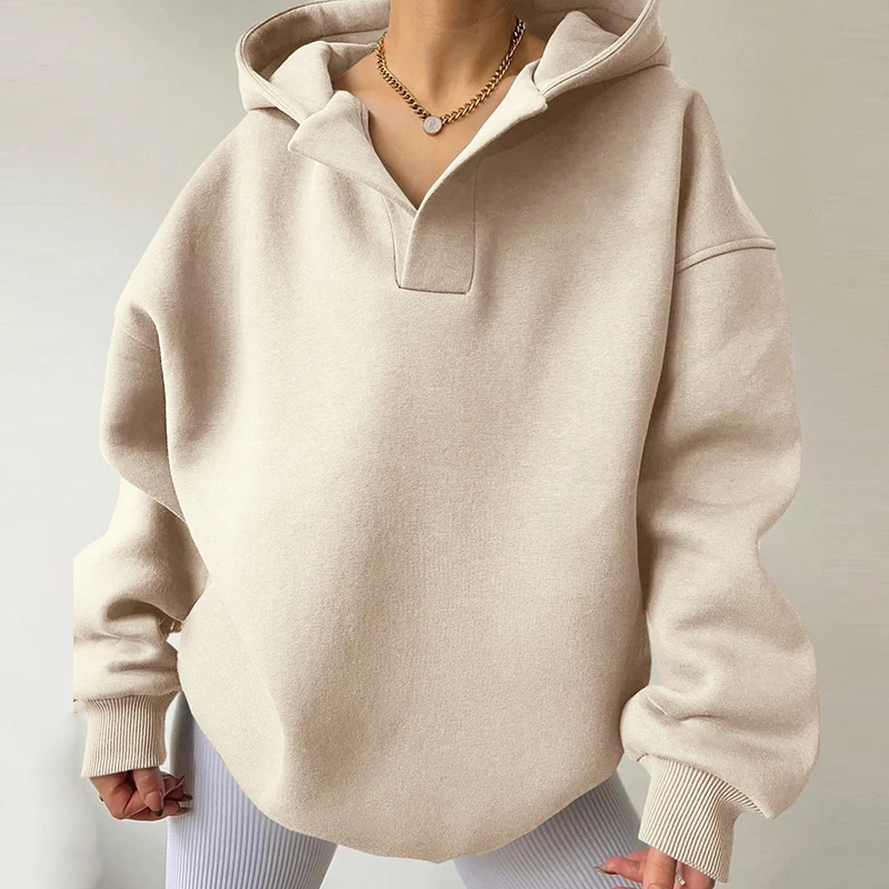 Women's Sienna oversized V-neck hoodie. Comfortable, stylish pullover for relaxed fit casual wear & loungewear.