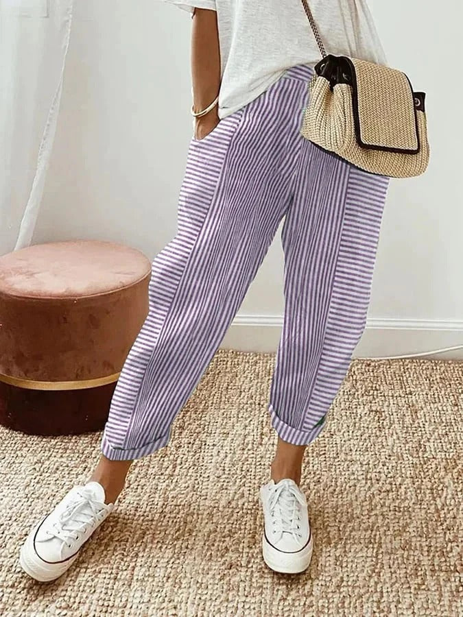 Modern women's striped pull-on pants with a comfortable drawstring waist, suitable for everyday casual elegance.