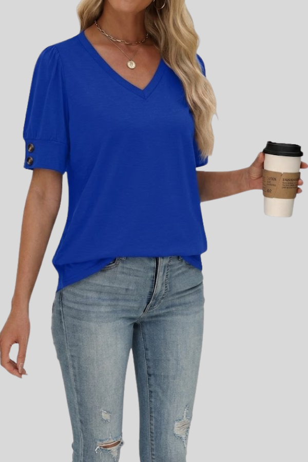 Relaxed fit women's V-neck top with stylish gathered short sleeves, a perfect casual summer blouse.