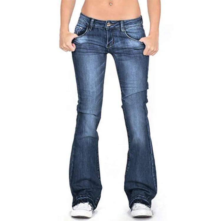 Trendy women's low-rise flared jeans, a must-have vintage-inspired piece for modern retro fashion.