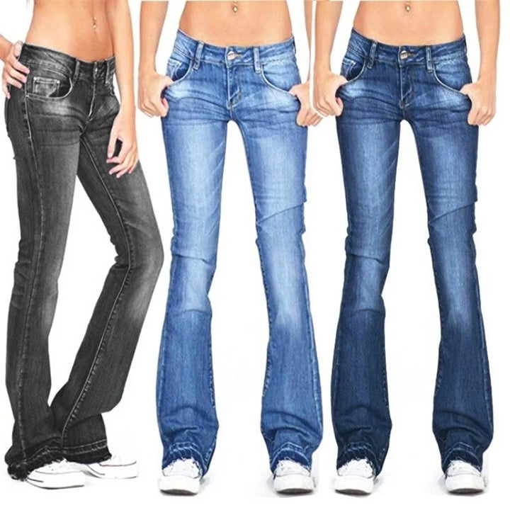 Spring/Fall fashion: Women's comfortable vintage low-rise flared jeans for a stylish retro casual look.