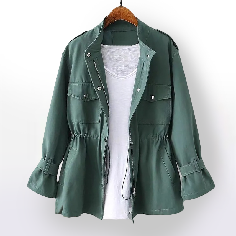 Autumn women's fashion rain coat, elegant waterproof jacket featuring a flattering cinched waist.