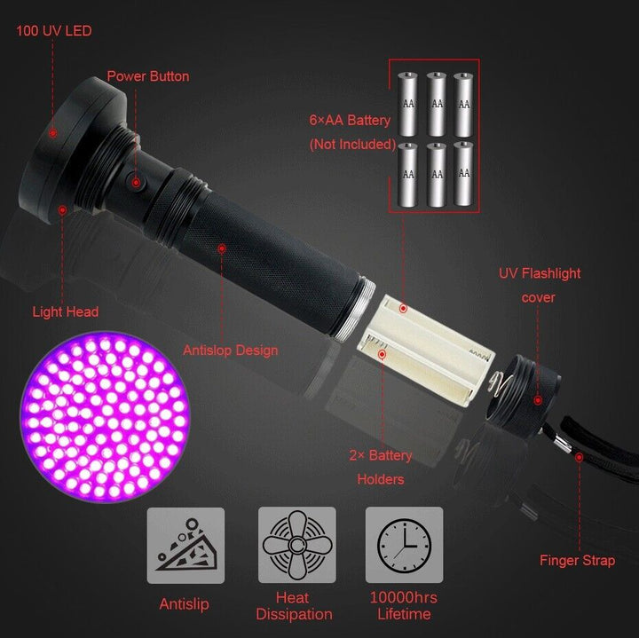 Ergonomic 395nm UV LED flashlight, designed for comfortable grip during extended use