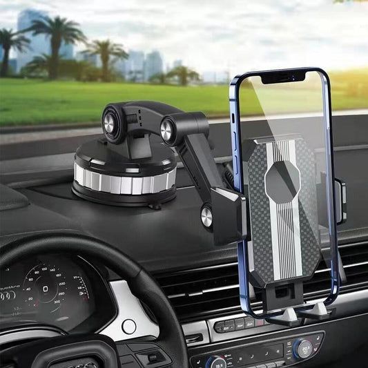 "Supporto per telefono da auto nero con montaggio a ventosa, regolabile, compatibile con smartphone, su cruscotto."