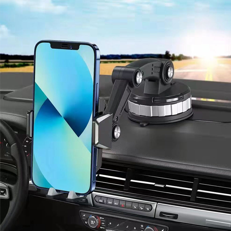 "Supporto per telefono da auto nero con montaggio a ventosa, regolabile, compatibile con smartphone, su cruscotto."