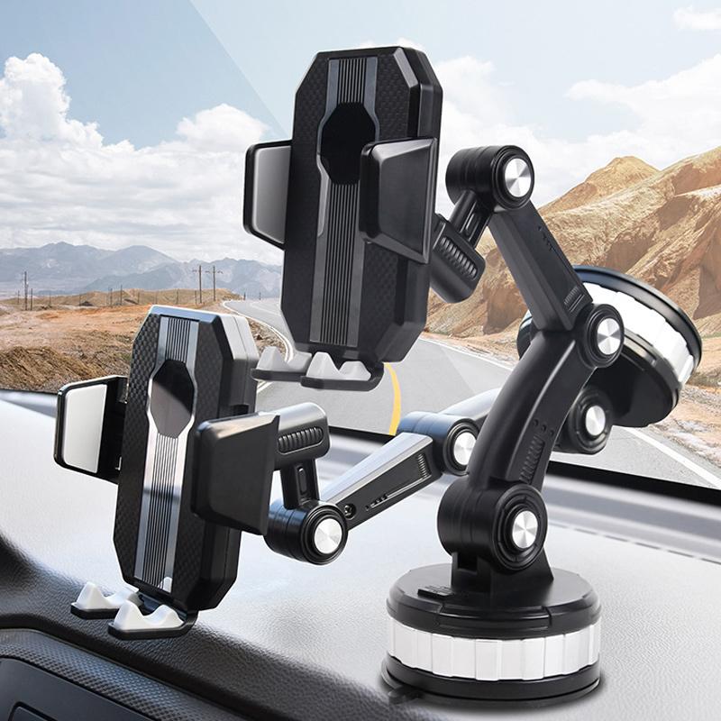 "Supporto per telefono da auto nero con montaggio a ventosa, regolabile, compatibile con smartphone, su cruscotto."