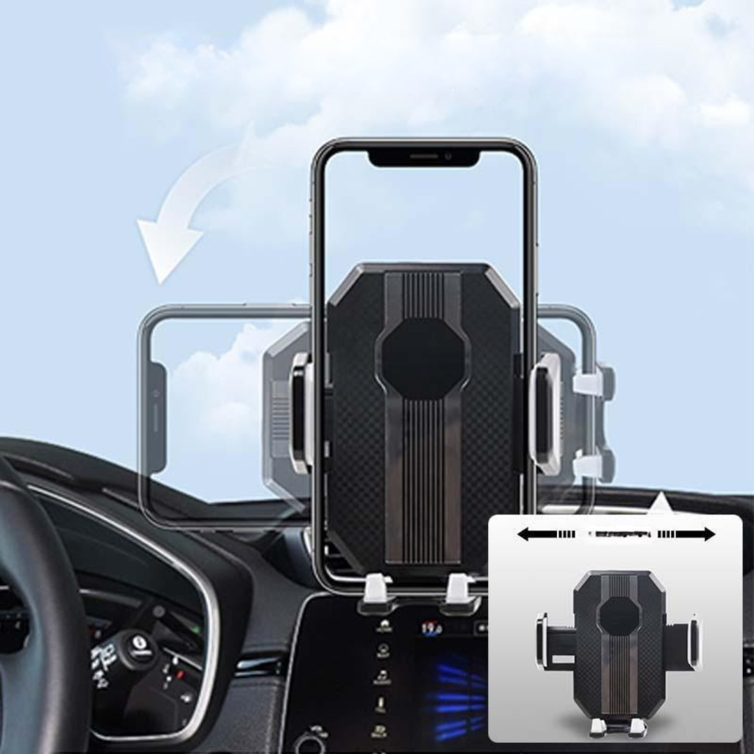 "Supporto per telefono da auto nero con montaggio a ventosa, regolabile, compatibile con smartphone, su cruscotto."