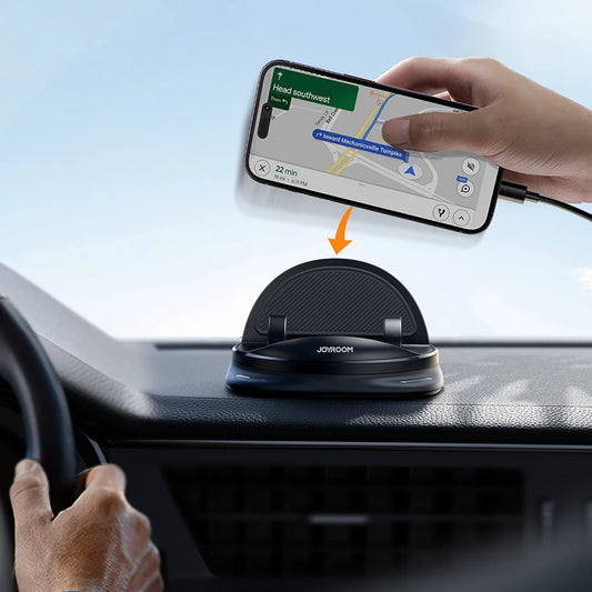 Supporto telefono auto rotante 360° compatibile 4-6.5 pollici. Installazione su cruscotto o bocchetta aria, colore nero.