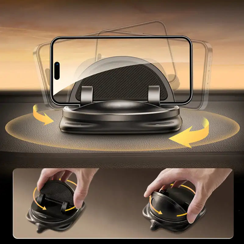 Supporto telefono auto rotante 360° compatibile 4-6.5 pollici. Installazione su cruscotto o bocchetta aria, colore nero.