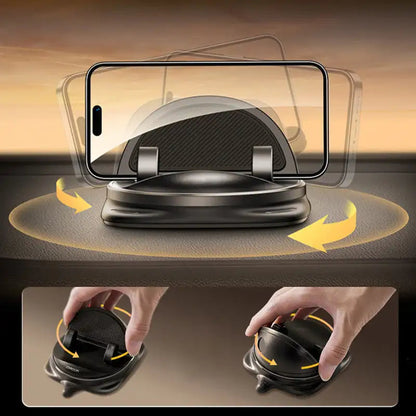 Supporto telefono auto rotante 360° compatibile 4-6.5 pollici. Installazione su cruscotto o bocchetta aria, colore nero.